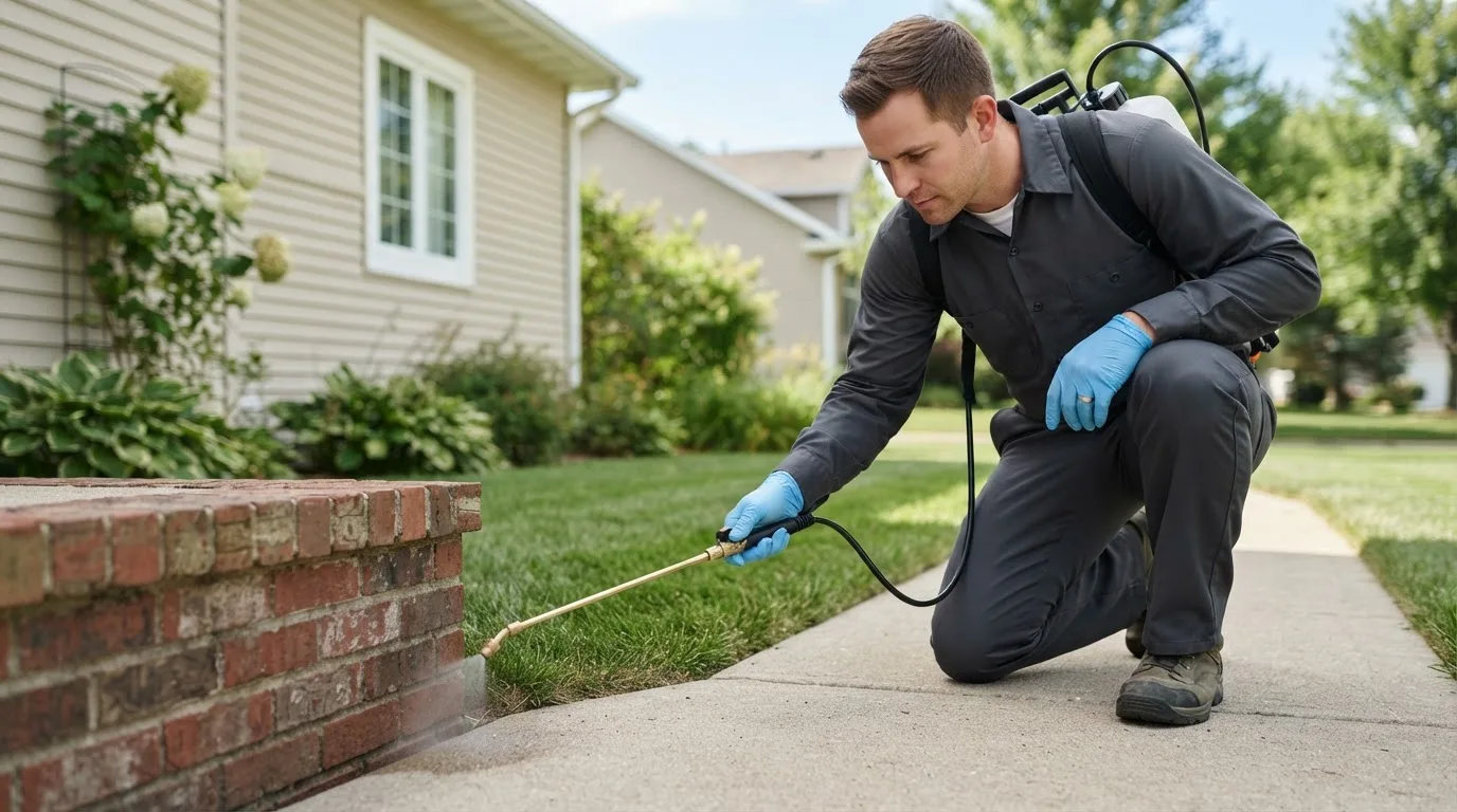 Pest control technician treating a home near White, GA